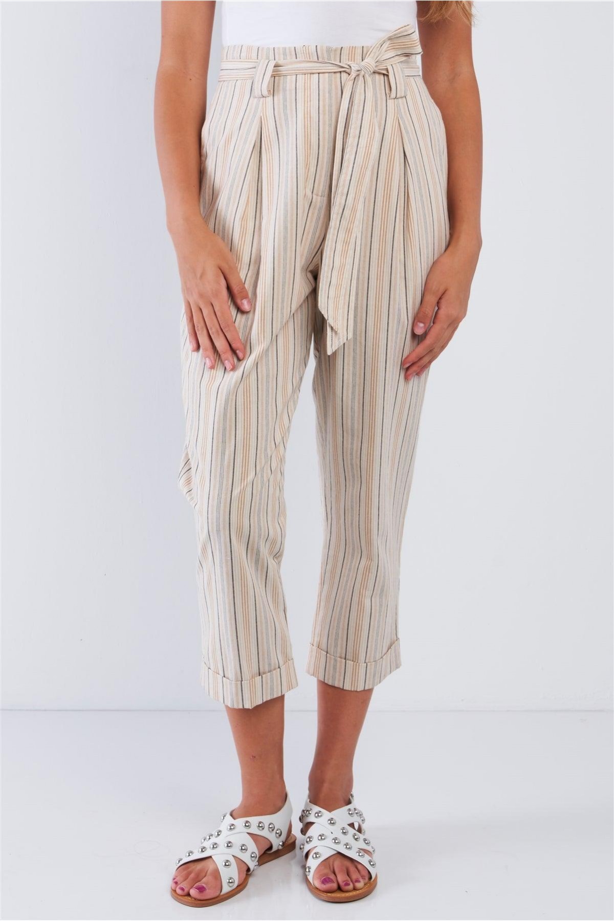 Natural Striped High Waisted Tapered Folded Hem Pants