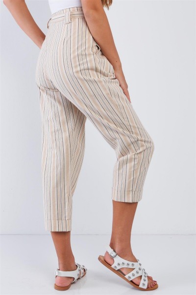 Natural Striped High Waisted Tapered Folded Hem Pants