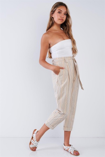 Natural Striped High Waisted Tapered Folded Hem Pants